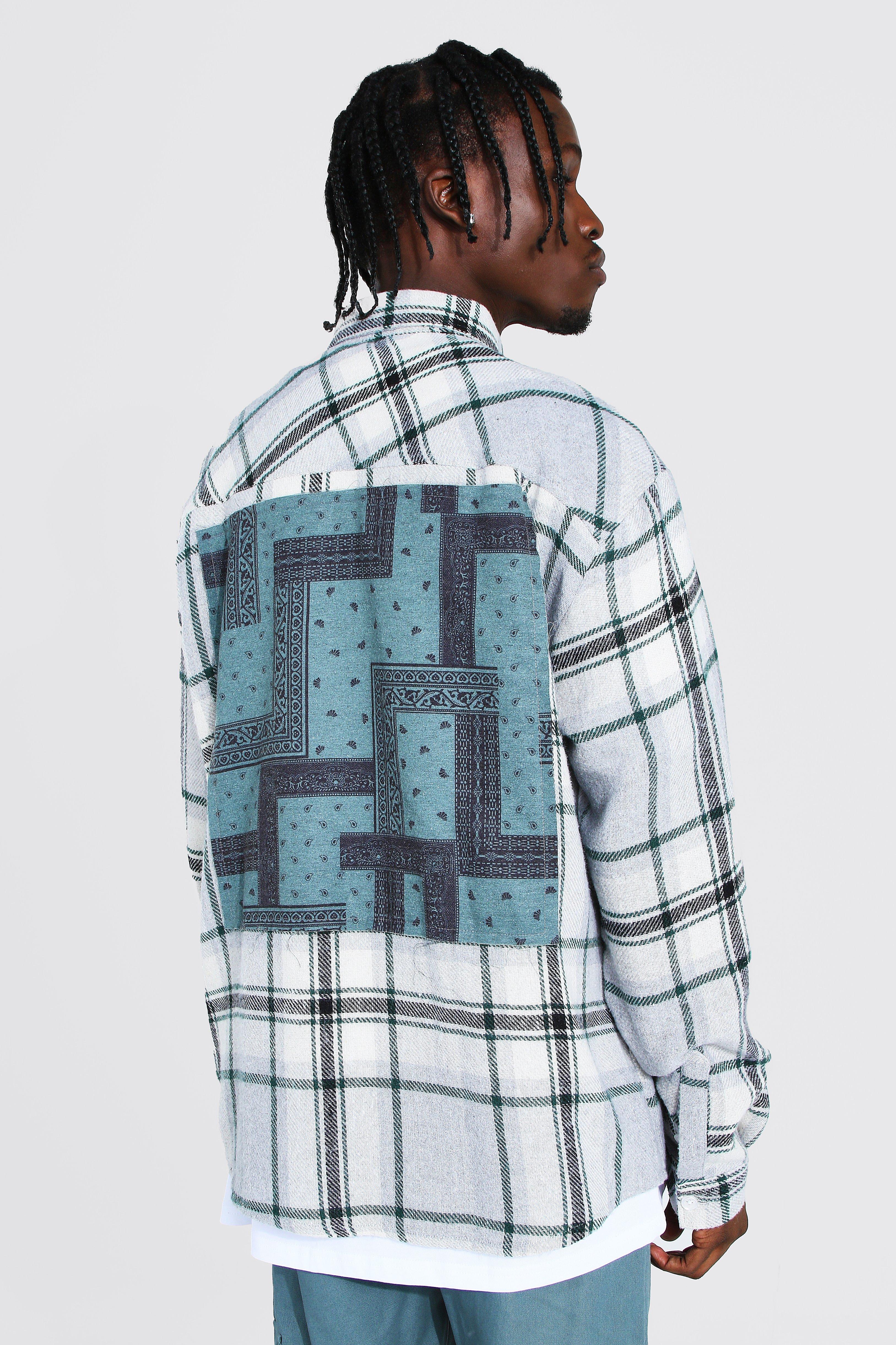 Oversized Flannel Bandana Back Patch Shirt | boohooMAN USA